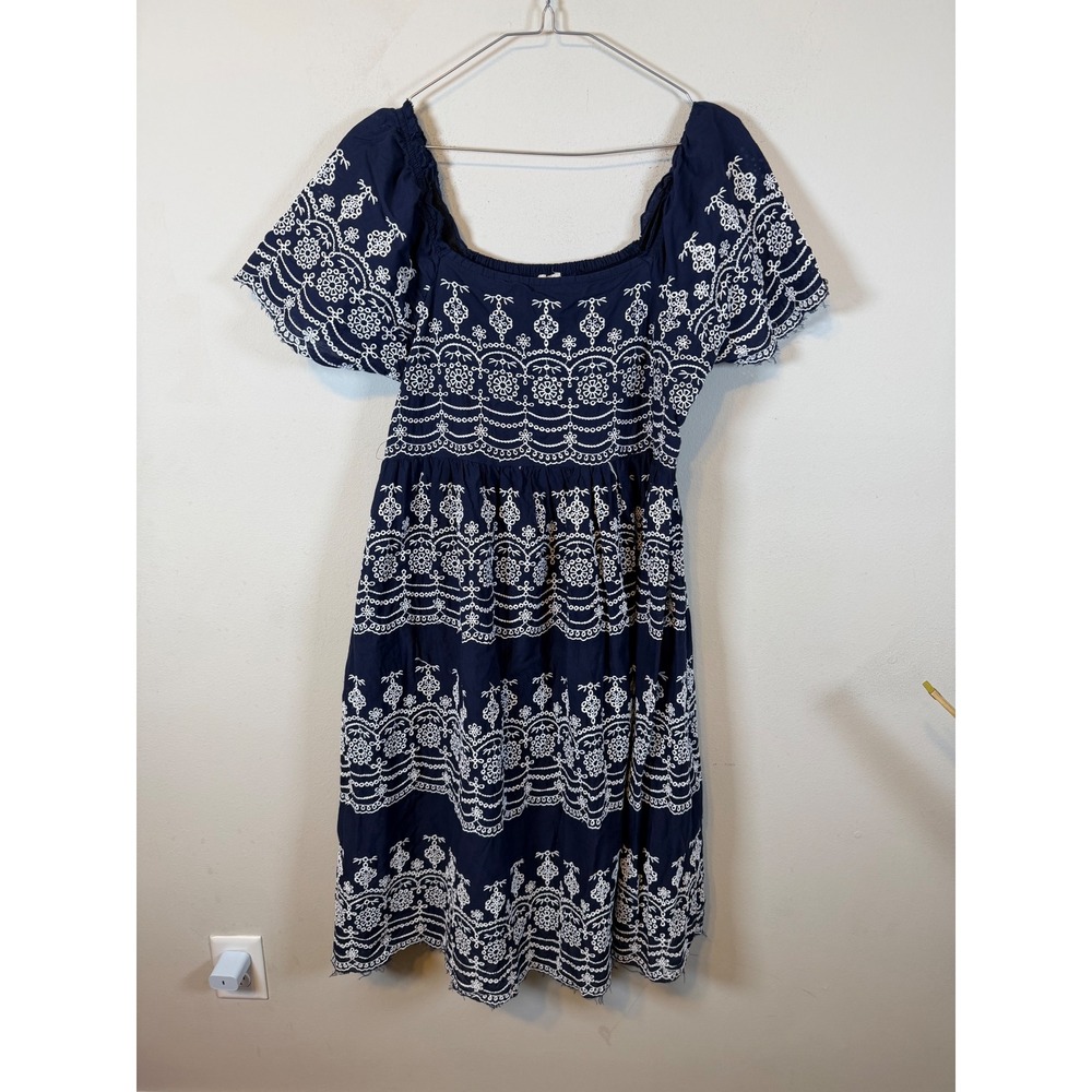 Kings Road Womens Dress Eyelet Embroidery Navy Blue Large Flawed